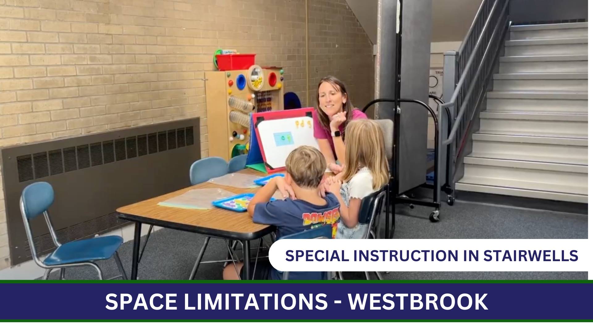 Photo of special instruction happening in a stairwell at Westbrook School for Young Learners.