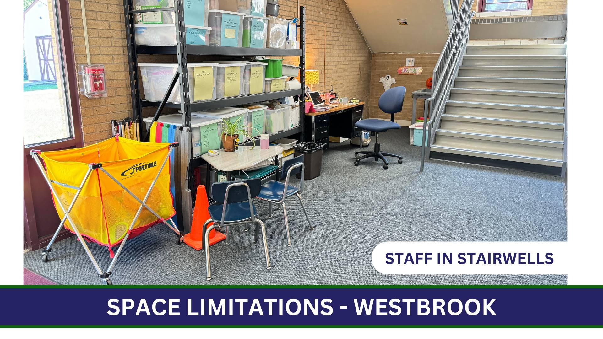 Photo of a staff office space in a stairwell at Westbrook School for Young Learners.
